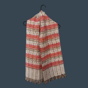 Pink White Wool Blend Scarf With Fringe Made In France Vintage